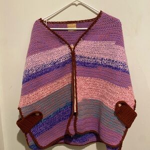 Vintage Hand-Made by Patti Crochet Zip up Poncho/ Shawl Sweater Color Pattern